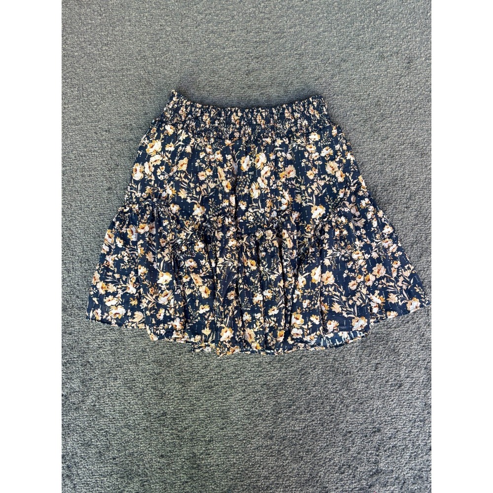 Intermix A-Line Skirt‎ Womens Navy Blue Floral Cotton Stretch Elastic Waistband